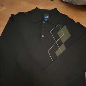 Black Polo with Green Pattern men’s wool silk blend sweater